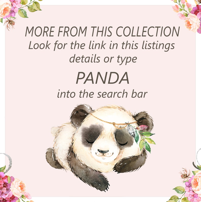 May include: Watercolor illustration of a sleeping panda bear with closed eyes, wearing a floral crown and a gold-colored headpiece. The text "PANDA" is displayed in the center of the image, with additional text above and below.