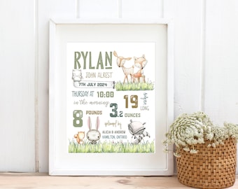 Pépinière boisée, Statistiques de naissance, Décor de chambre d'enfant, cadeaux pour bébé, Pépinière d'art boisé, Art mural, Pépinière d'animaux forestiers, Annonce de naissance d'un nouveau-né