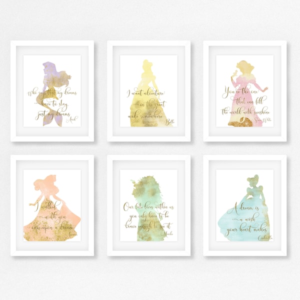 Princess room, Princess Nursery, Princess Baby shower gift, Set of 6, Princess room decor, Little girl princess room, Princess pictures