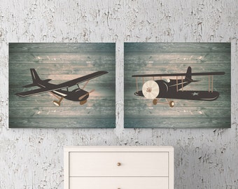 Set di immagini dell'aereo, tema Aviazione, Arte vivaio in stile vintage, marrone e blu, Camera dei ragazzini, Regalo per figlio, arredamento vivaio ragazzi, aereo