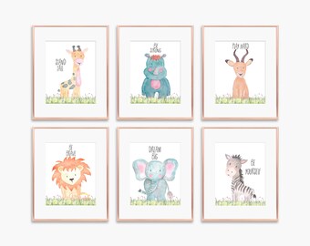 Safari Animals Nursery Art Prints, Baby Elephant, Zebra, Lion, Giraffe