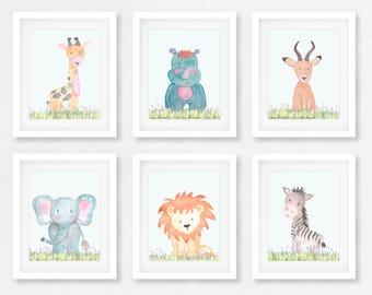 Safari, Wall Art, Safari animals, Baby animals, Nursery, Zoo animals, Elephant, Zebra, Lion, Giraffe, Baby gift, baby shower, wall art, art