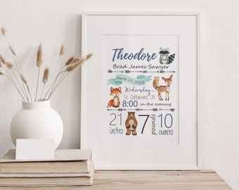Woodland Nursery Birth Announcement Print | Baby Stats (Digital Download)