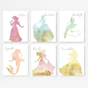 Princess nursery, Set of 6, Gift for her, Princess Quote, Princess, Wall art, Baby shower, Cinderella, Little mermaid, little girls room,