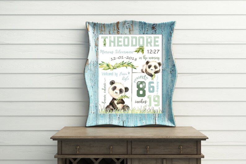 May include: A framed print with a distressed blue frame. The print features a panda bear illustration and the name "THEODORE" in large letters. It includes details like weight (86 pounds), height (19 inches), and the date and time of birth.