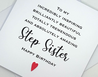Personalised Step Sister Birthday Card. Modern Minimalist Cards With Heart in Custom Colours