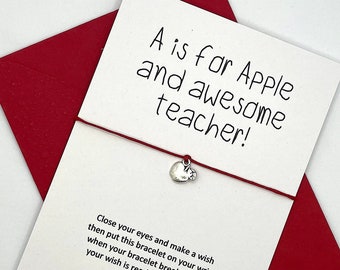 Apple Wish Bracelet Card for a Teacher. Thank you teacher. A is for Apple and awesome teacher. Teacher Card, Teacher Gift, Gift for Teacher