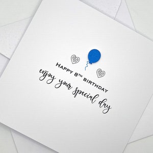8th Birthday Card - Special Birthday. Simple & Stylish Design with Balloon - Enjoy Your Special Day. Unique Birthday Card. 8th Card
