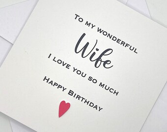 Personalised Wife Birthday Card. Modern Minimalist Cards With Heart in Custom Colours