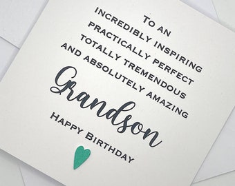 Personalised Grandson Birthday Card. Modern Minimalist Cards With Heart in Custom Colours