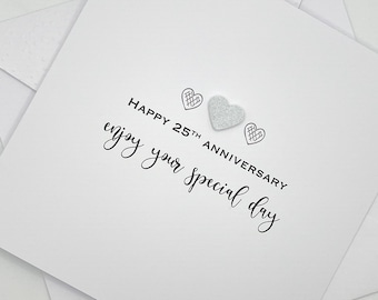 Handmade 25th Anniversary Card. Modern Minimalist Cards With Silver Heart