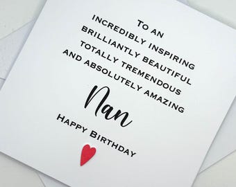 Handmade Nan Birthday Card. Modern Minimalist Cards With Heart in Custom Colours