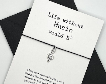 Music Wish Bracelet Gift Card. Life without music would B(flat). Gift for Musician, Gift for Music Teacher, Music Gift, Piano, Guitar