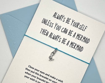 Mermaid Wish Bracelet with Card & Coloured Envelope. Tie-on or Adjustable Knot