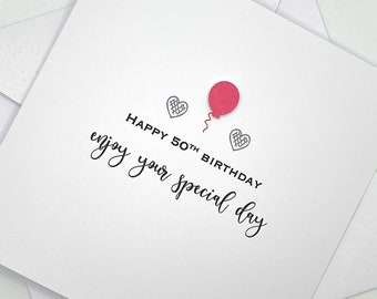 Handmade 50th Birthday Card. Modern Minimalist Cards With Balloon in Custom Colours