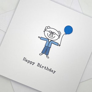 Jolie carte d'anniversaire pour lui. Bonhomme allumette avec un ballon pour papa, frère, grand-père, mari, oncle, ami.