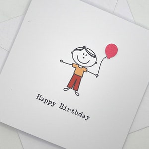 Jolie carte d'anniversaire pour lui. Bonhomme allumette avec ballon pour papa, frère, fils, petit-fils, mari, ami, petit ami.