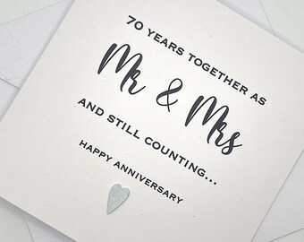Personalised 70th Anniversary Card. 70 Years Together as Mr & Mrs. Modern Minimalist Cards With Heart in Custom Colours