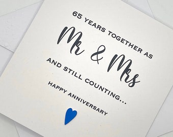 Personalised Wedding Anniversary Card. 65 Years Together as Mr & Mrs. Modern Minimalist Cards With Heart in Custom Colours