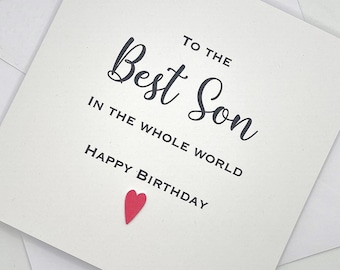 Personalised Son Birthday Card. Modern Minimalist Cards With Heart in Custom Colours