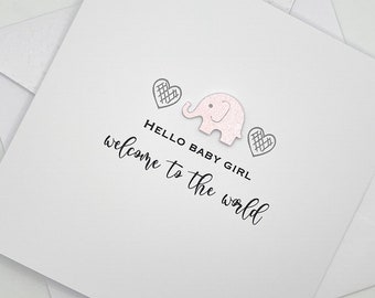 Handmade New Baby Girl Card. Modern Minimalist Cards With Elephant in Custom Colours