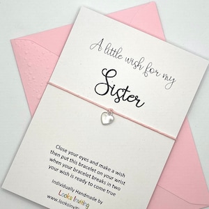 Bracelet souhait de soeur, bracelet à breloques soeur, bracelet soeur, carte d'anniversaire soeur, cadeau d'anniversaire soeur, cadeau soeur, cadeau pour soeur