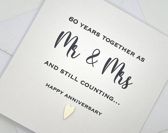 60th Wedding Anniversary Card Personalised. Handmade 60 Years Together As Mr & Mrs and Still Counting. Diamond Anniversary Card. Modern Card