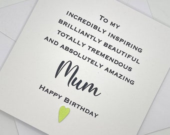Handmade Mum Birthday Card. Modern Minimalist Cards With Heart in Custom Colours
