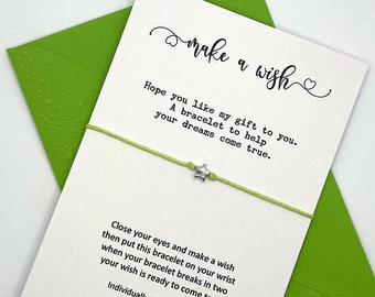 Wish Bracelet Card. Coloured Envelope. Heart, Star, Flower, Wine Charm. Tie-on or Adjustable