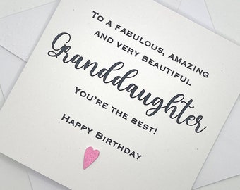 Personalised Granddaughter Birthday Card. Modern Minimalist Cards With Heart in Custom Colours