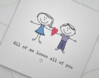 All of Me Loves All of You. Stick Couple Greeting Card. Valentine's Day Card, Wedding Anniversary Card, Love Friendship