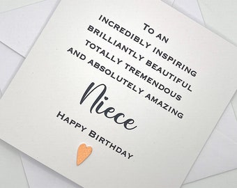 Personalised Niece Birthday Card. Modern Minimalist Cards With Heart in Custom Colours