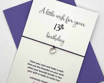 13th Birthday Wish Bracelet, 13th Charm Bracelet, 13th Birthday Card, 13th Birthday Gift, 13th Wish String, Adjustable Friendship Bracelet