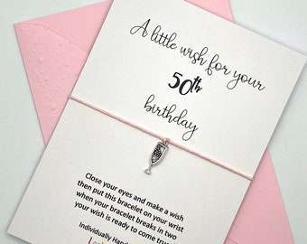 50th Birthday Wish Bracelet Card. Coloured Envelope. Heart, Star, Flower, Wine Charm. Tie-on or Adjustable