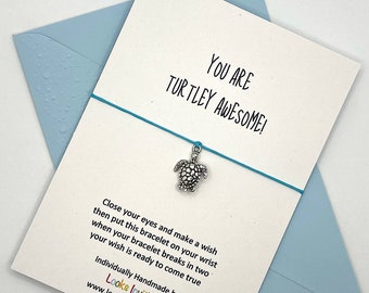 Turtle Wish Bracelet with Card & Coloured Envelope. Tie-on or Adjustable Knot