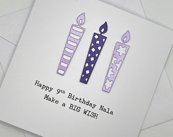 Personalised 9th Birthday Card. 9 Year Old Birthday Card for girl, boy, daughter, son, age 9, nine. Make a Big Wish with Candles. Add a name