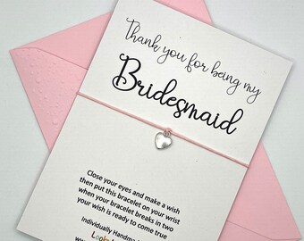Bridesmaid Wish Bracelet Card. Coloured Envelope. Heart, Star, Flower, Wine Charm. Tie-on or Adjustable