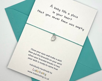 Baby Feet Wish Bracelet. New Mum Gift, New Baby Card. A baby fills a place in your heart. Choose your colour of cord and envelope