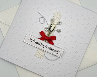 Personalised 40th Anniversary Card with White Paper Rose & Red Satin Bow