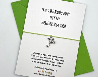 Frog Wish Bracelet with Card & Coloured Envelope. Tie-on or Adjustable Knot