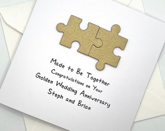Personalised Golden Wedding Anniversary Card with Jigsaw Pieces. 50th Wedding Anniversary Card. Free Personalisation