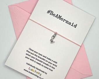 Mermaid Wish Bracelet with Card & Coloured Envelope. Tie-on or Adjustable Knot