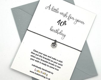 40th Birthday Wish Bracelet Card. Coloured Envelope. Heart, Star, Flower, Wine Charm. Tie-on or Adjustable