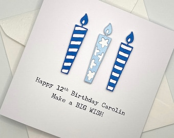 Any Age Personalised Birthday Card. 1st, 2nd, 3rd, 4th, 5th, 6th, 7th, 8th, 9th, 10th, 11th, 12th, 13th, 14th, 15th, 16th, 17th with candles