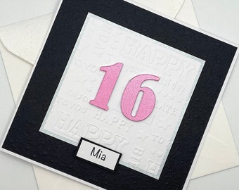 Personalised 16th Birthday Card. Handmade birthday card for a girl, boy, daughter, son or child age 16. Choose the colour of the number