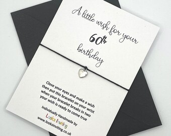 60th Birthday Wish Bracelet Card. Coloured Envelope. Heart, Star, Flower, Wine Charm. Tie-on or Adjustable
