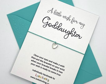 Goddaughter Wish Bracelet Card. Coloured Envelope. Heart, Star, Flower, Wine Charm. Tie-on or Adjustable