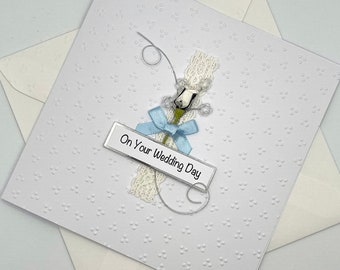 Personalised Wedding Day Card with White Paper Rose & Satin Bow in Custom Colours