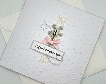 Personalised Birthday Card for Mum with White Paper Rose & Satin Bow in Custom Colours