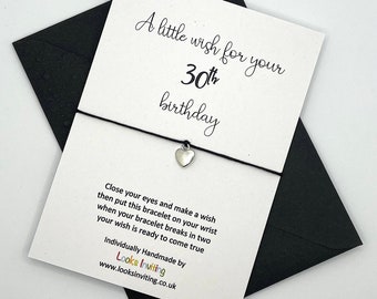 30th Birthday Wish Bracelet Card. Coloured Envelope. Heart, Star, Flower, Wine Charm. Tie-on or Adjustable